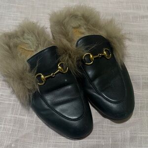Black Gucci Fur Lined Mule Loafers